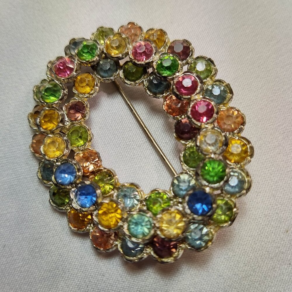 1920's Rainbow Rhinestone Three Row Pin - Picture 2 of 5